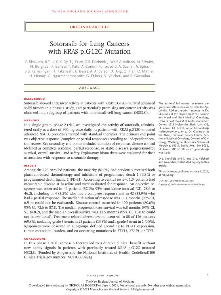 thumbnail of NEJM Sotorasib in lung cancer A Spira Absract New England Journal of Medicine